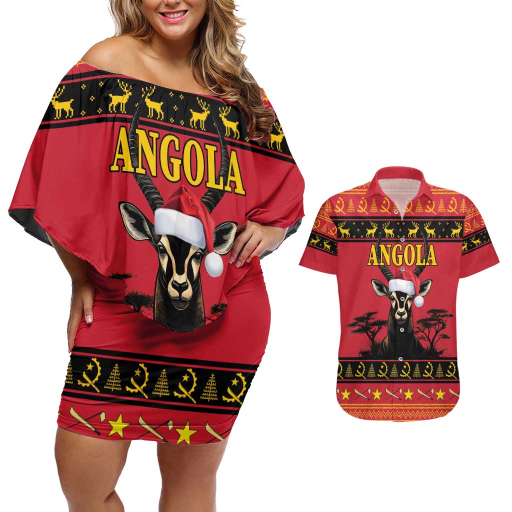 Angola Christmas Couples Matching Off Shoulder Short Dress and Hawaiian Shirt Giant Sable Antelope Virtus Unita Fortior - Wonder Print Shop