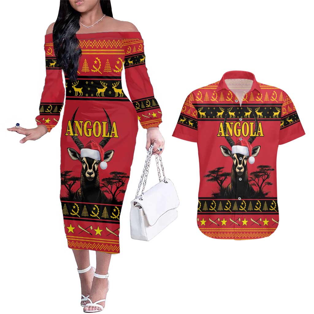 Angola Christmas Couples Matching Off The Shoulder Long Sleeve Dress and Hawaiian Shirt Giant Sable Antelope Virtus Unita Fortior - Wonder Print Shop