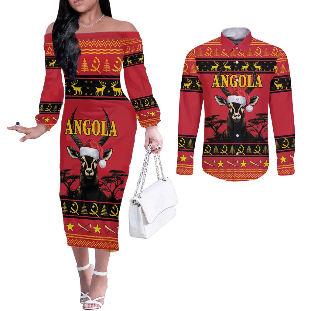 Angola Christmas Couples Matching Off The Shoulder Long Sleeve Dress and Long Sleeve Button Shirt Giant Sable Antelope Virtus Unita Fortior