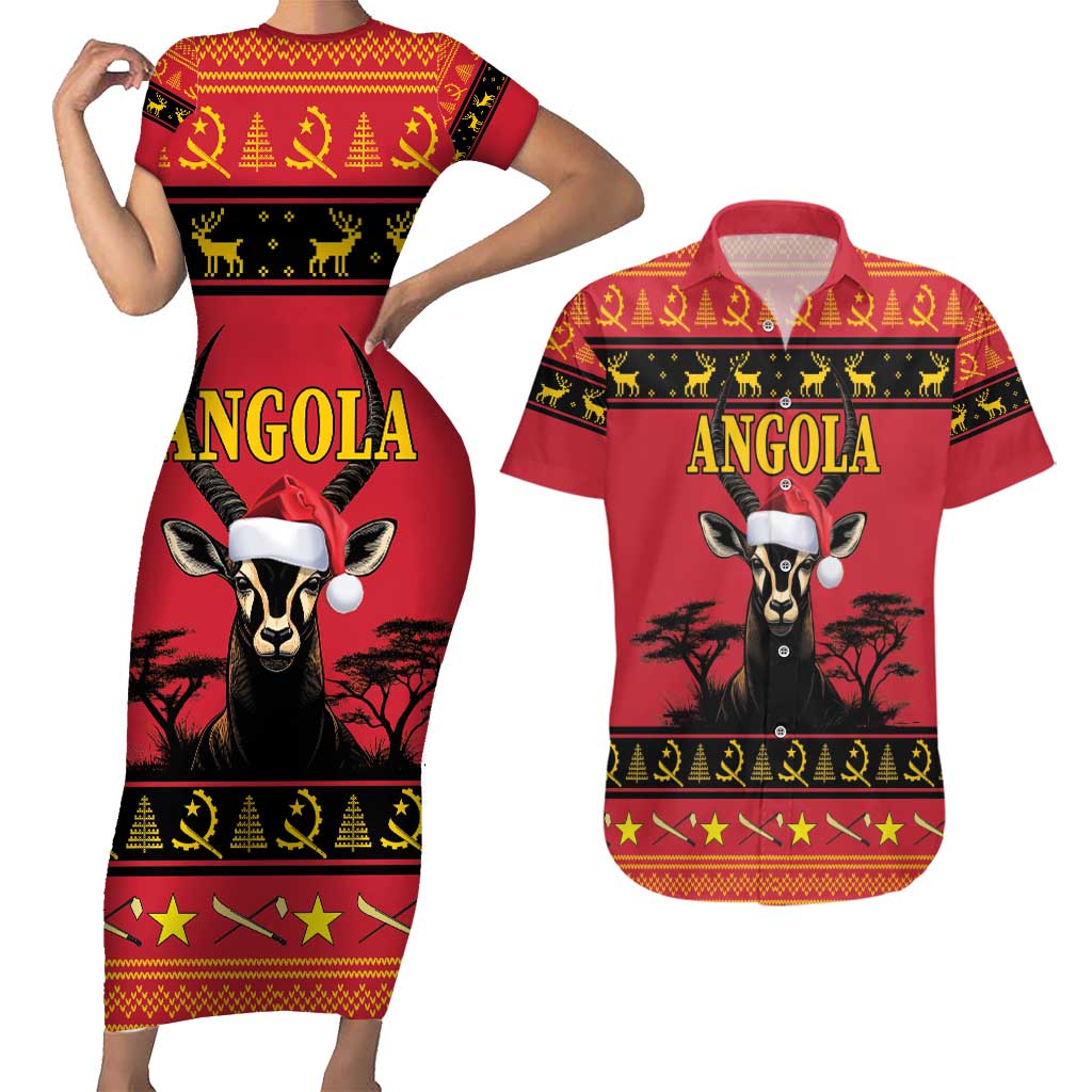 Angola Christmas Couples Matching Short Sleeve Bodycon Dress and Hawaiian Shirt Giant Sable Antelope Virtus Unita Fortior - Wonder Print Shop