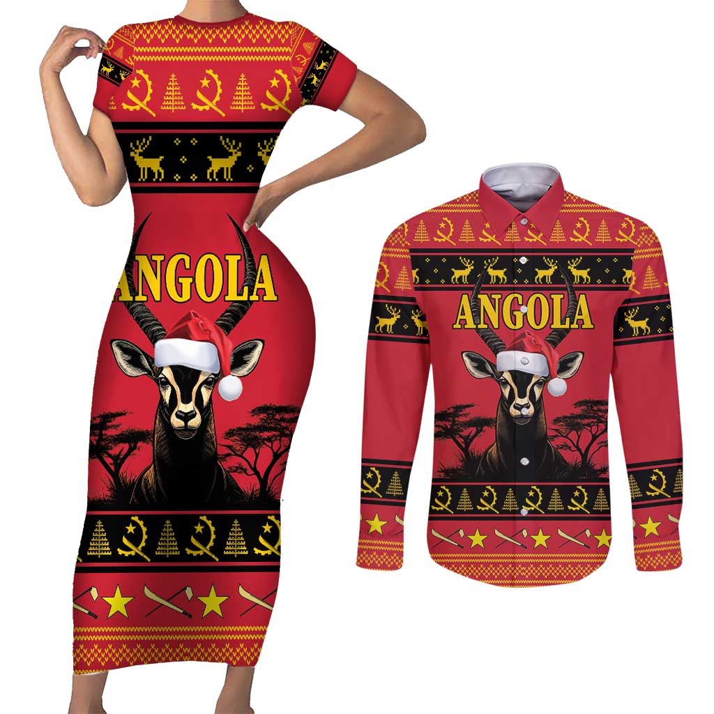 Angola Christmas Couples Matching Short Sleeve Bodycon Dress and Long Sleeve Button Shirt Giant Sable Antelope Virtus Unita Fortior - Wonder Print Shop