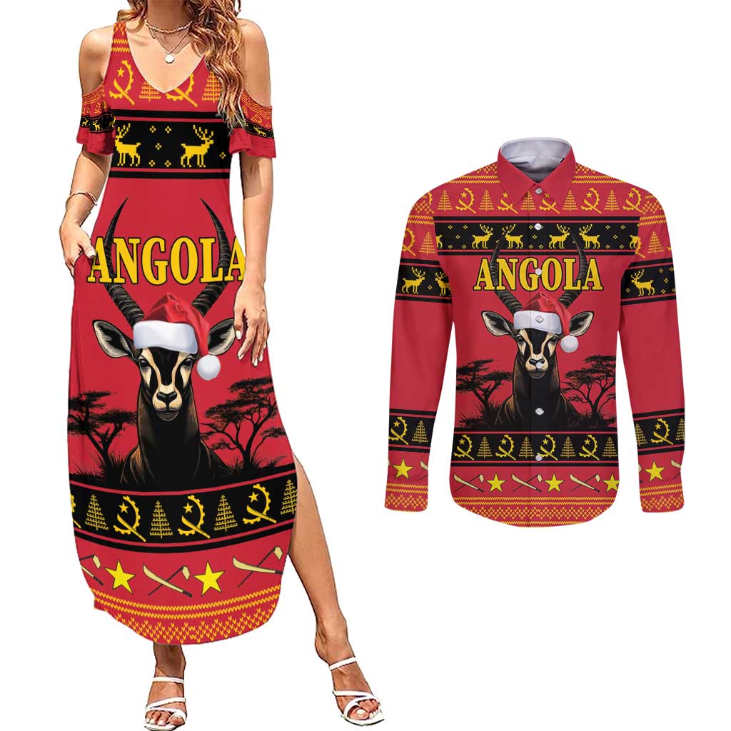 Angola Christmas Couples Matching Summer Maxi Dress and Long Sleeve Button Shirt Giant Sable Antelope Virtus Unita Fortior - Wonder Print Shop