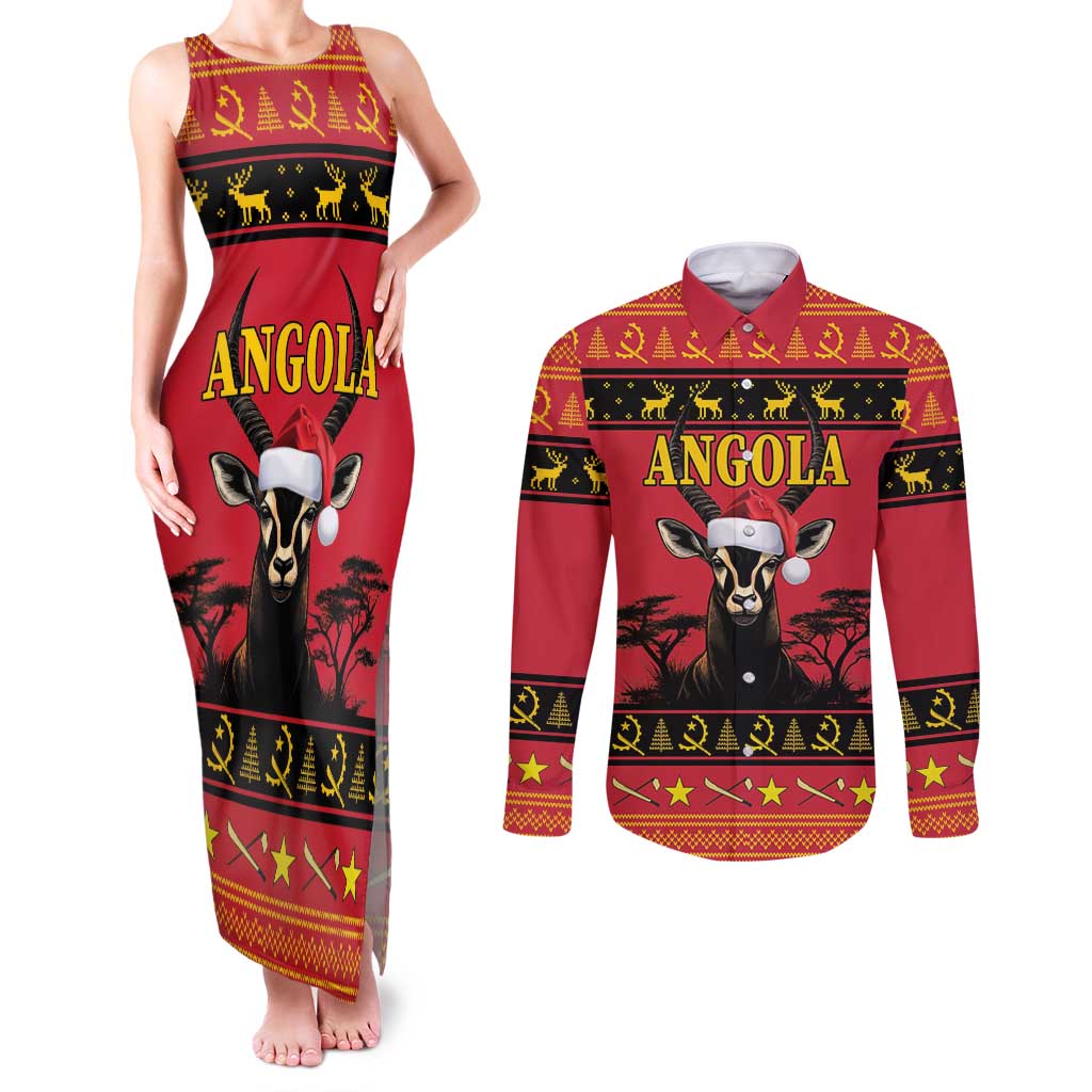 Angola Christmas Couples Matching Tank Maxi Dress and Long Sleeve Button Shirt Giant Sable Antelope Virtus Unita Fortior - Wonder Print Shop