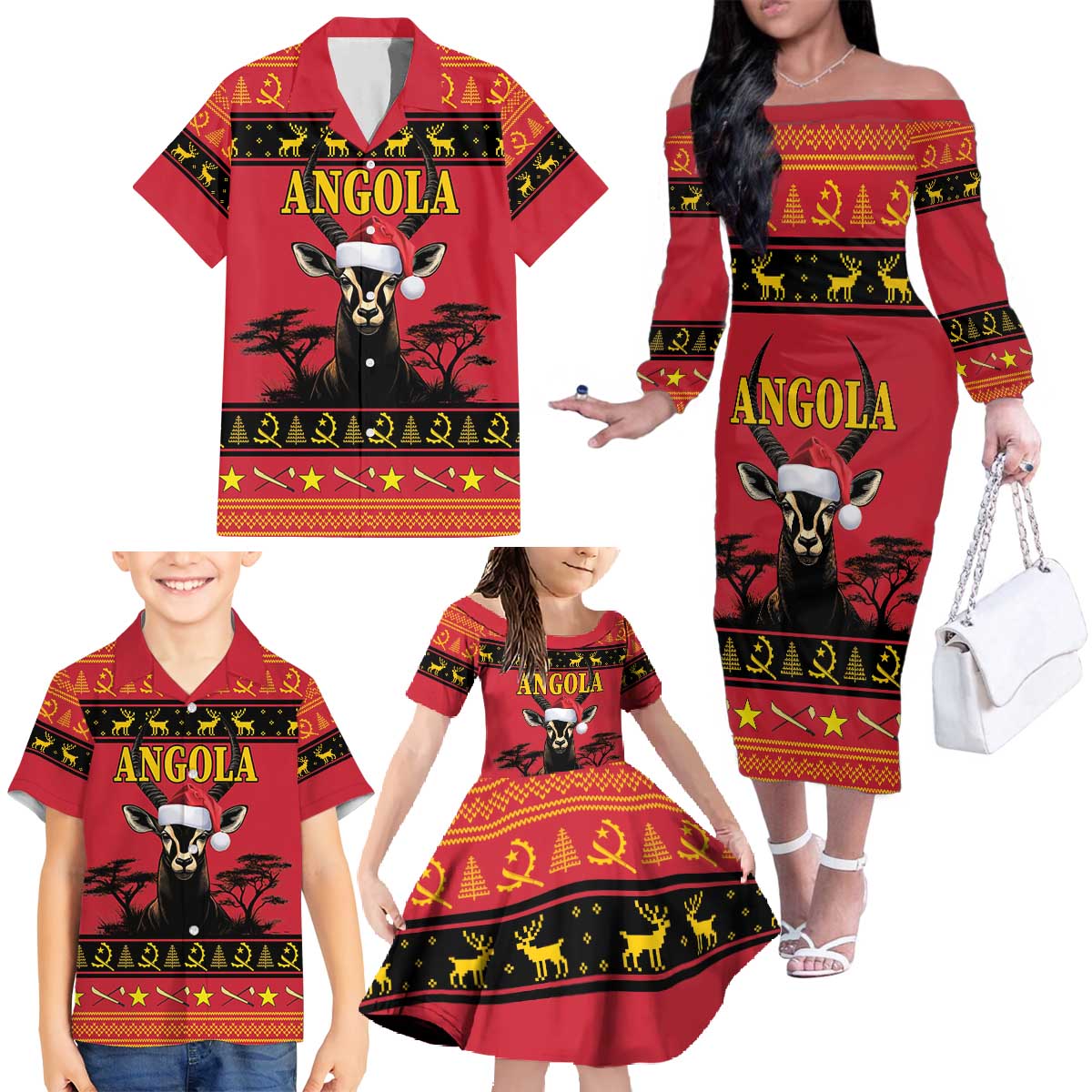 Angola Christmas Family Matching Off The Shoulder Long Sleeve Dress and Hawaiian Shirt Giant Sable Antelope Virtus Unita Fortior - Wonder Print Shop