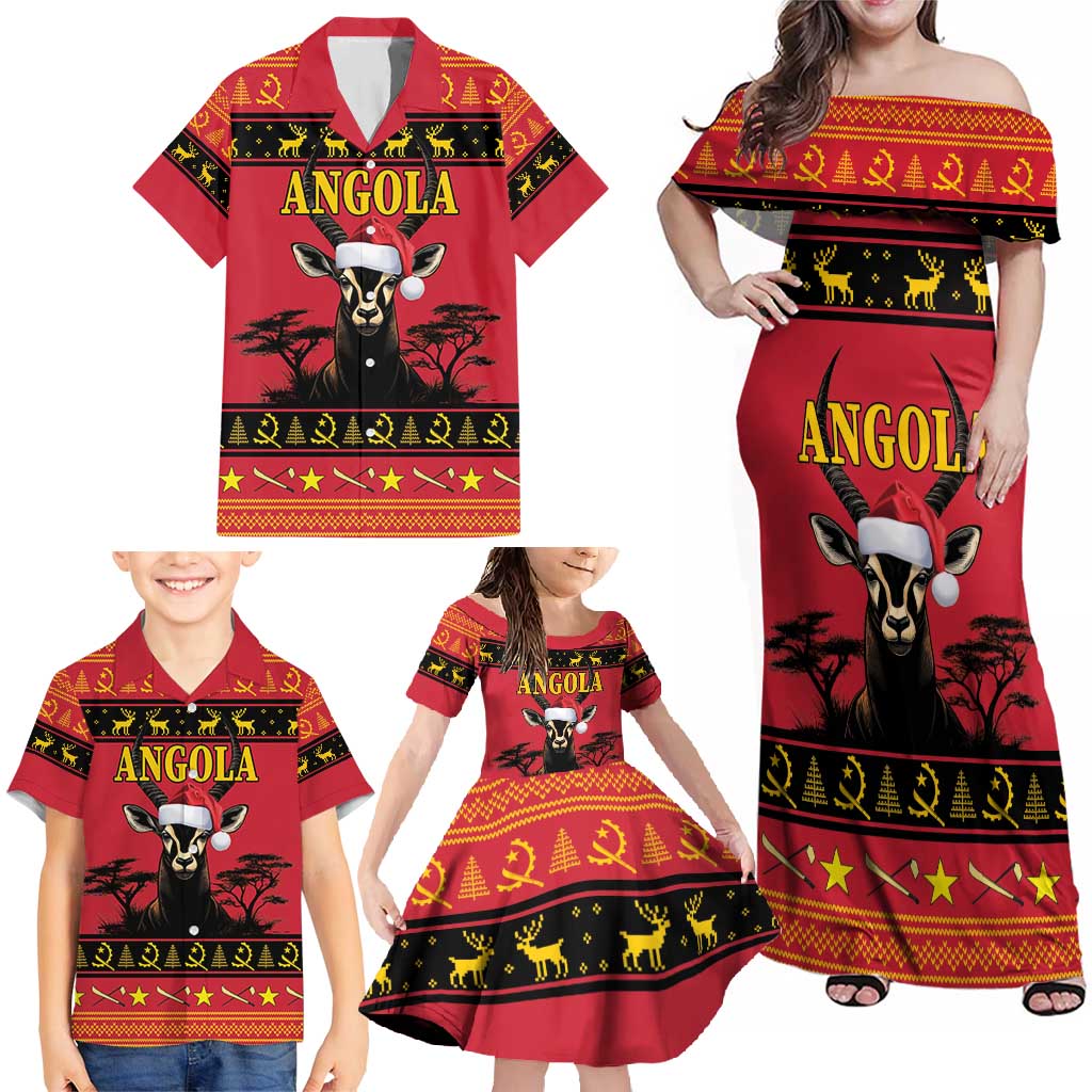 Angola Christmas Family Matching Off Shoulder Maxi Dress and Hawaiian Shirt Giant Sable Antelope Virtus Unita Fortior - Wonder Print Shop