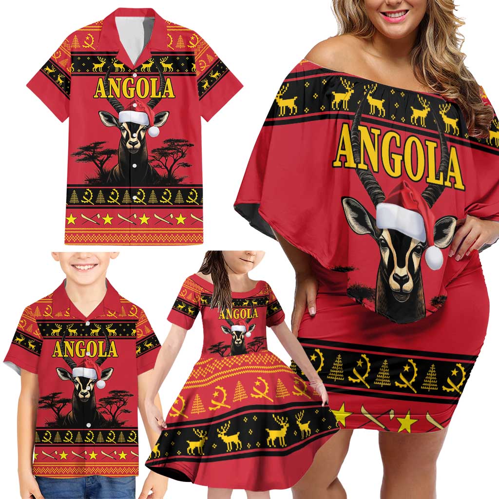 Angola Christmas Family Matching Off Shoulder Short Dress and Hawaiian Shirt Giant Sable Antelope Virtus Unita Fortior - Wonder Print Shop