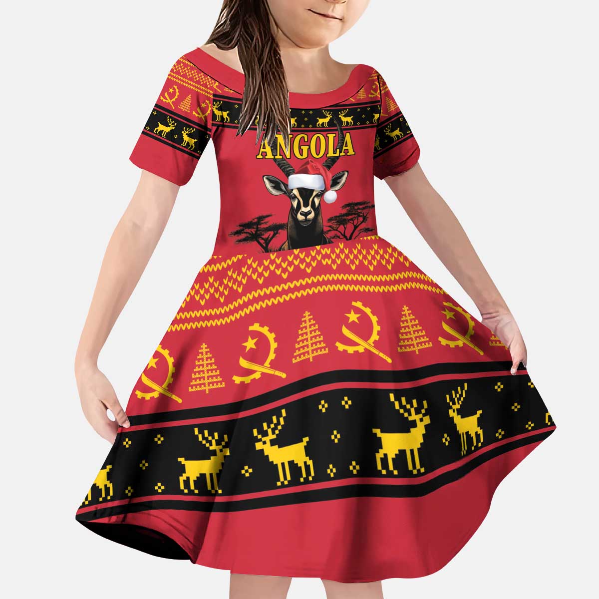 Angola Christmas Kid Short Sleeve Dress Giant Sable Antelope Virtus Unita Fortior - Wonder Print Shop