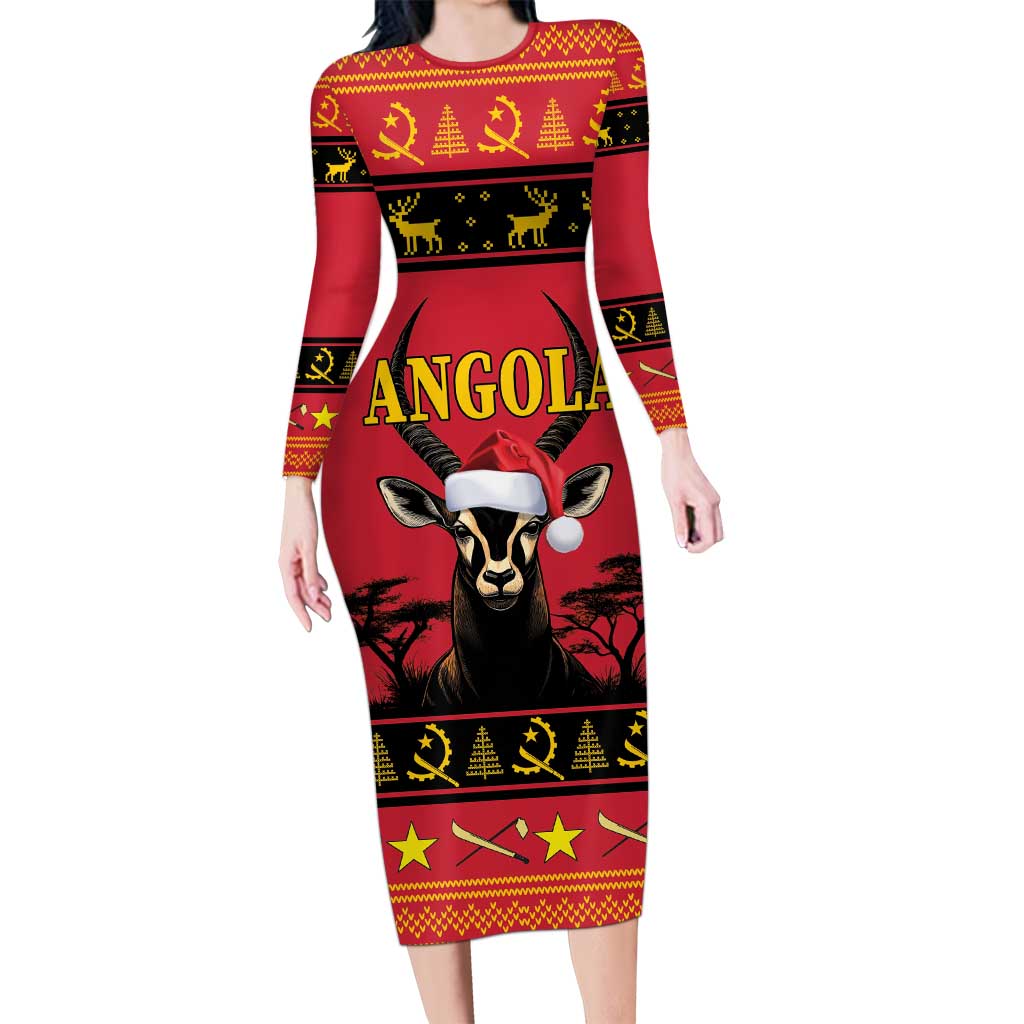 Angola Christmas Long Sleeve Bodycon Dress Giant Sable Antelope Virtus Unita Fortior - Wonder Print Shop