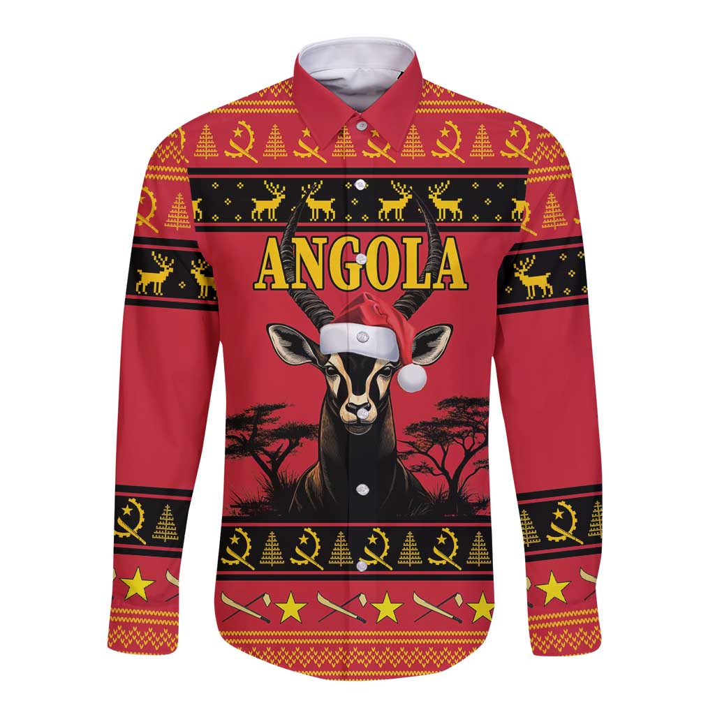 Angola Christmas Long Sleeve Button Shirt Giant Sable Antelope Virtus Unita Fortior - Wonder Print Shop