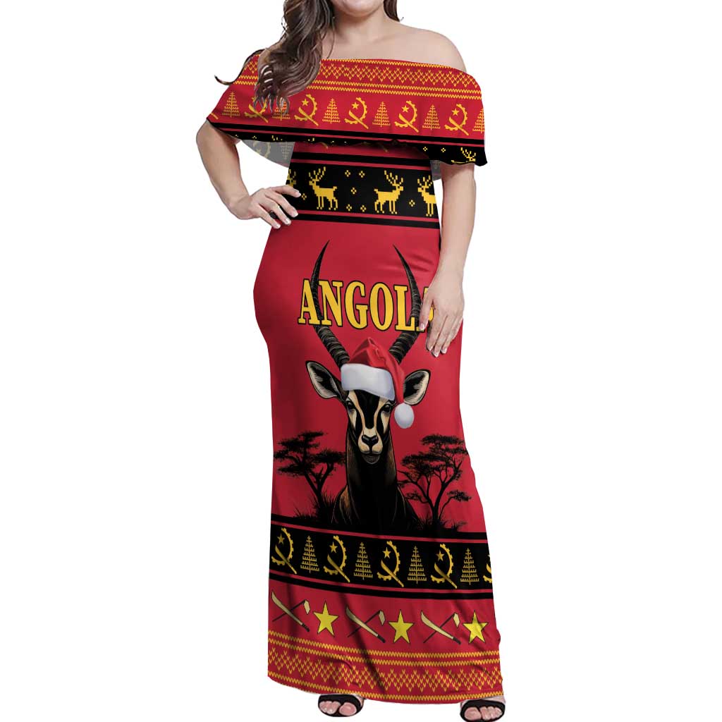 Angola Christmas Off Shoulder Maxi Dress Giant Sable Antelope Virtus Unita Fortior - Wonder Print Shop