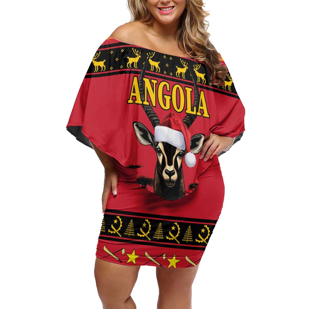 Angola Christmas Off Shoulder Short Dress Giant Sable Antelope Virtus Unita Fortior - Wonder Print Shop