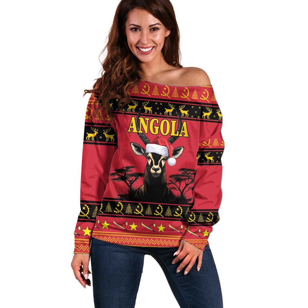 Angola Christmas Off Shoulder Sweater Giant Sable Antelope Virtus Unita Fortior