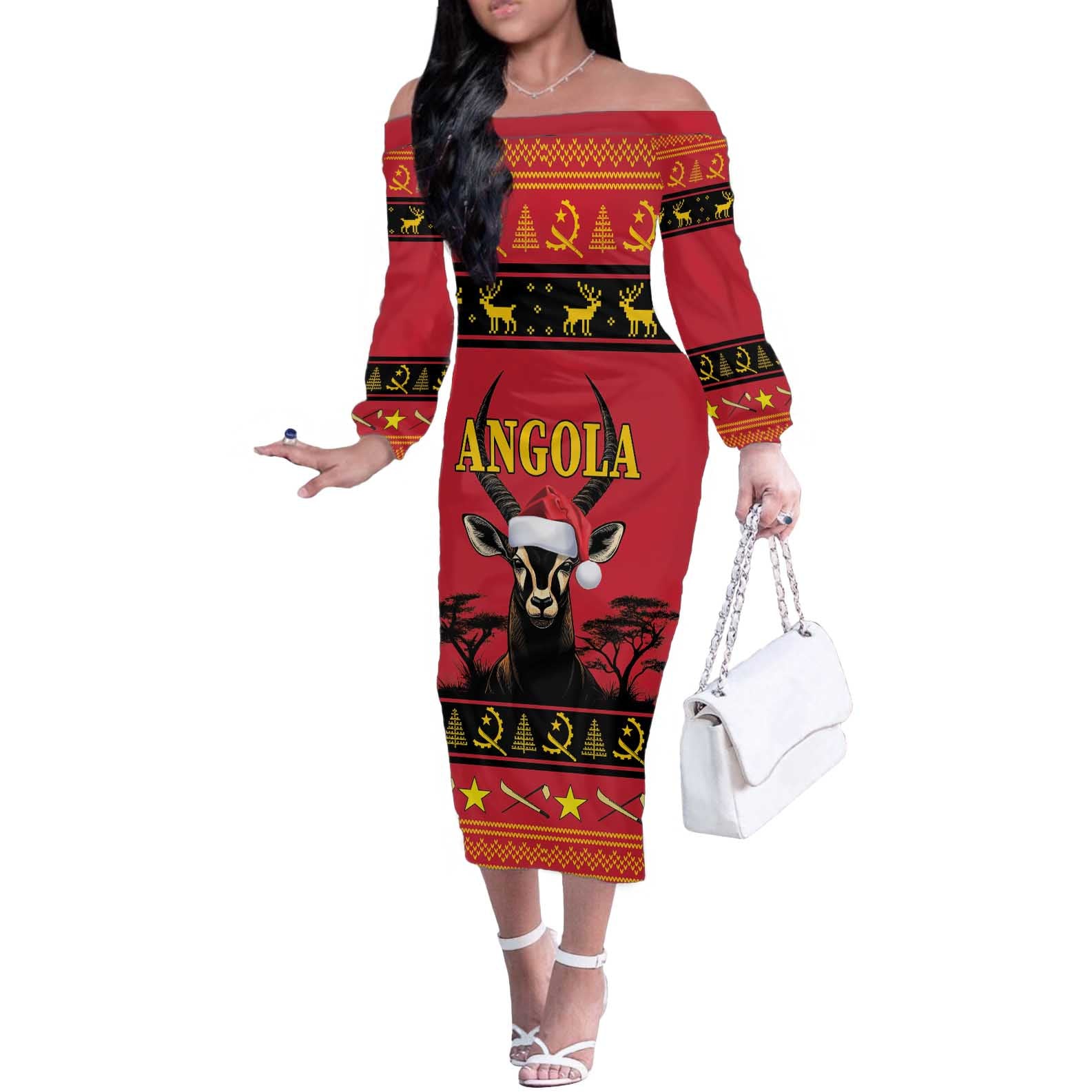 Angola Christmas Off The Shoulder Long Sleeve Dress Giant Sable Antelope Virtus Unita Fortior - Wonder Print Shop