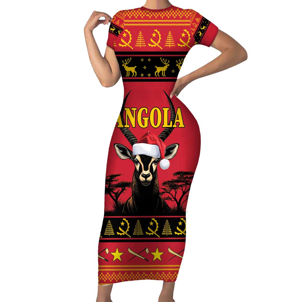 Angola Christmas Short Sleeve Bodycon Dress Giant Sable Antelope Virtus Unita Fortior - Wonder Print Shop