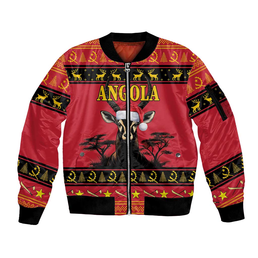 Angola Christmas Sleeve Zip Bomber Jacket Giant Sable Antelope Virtus Unita Fortior - Wonder Print Shop