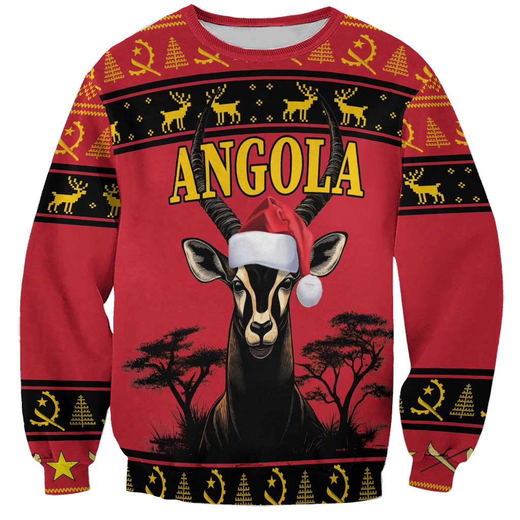 Angola Christmas sweatshirt with red and black festive antelope graphic, front text ANGOLA