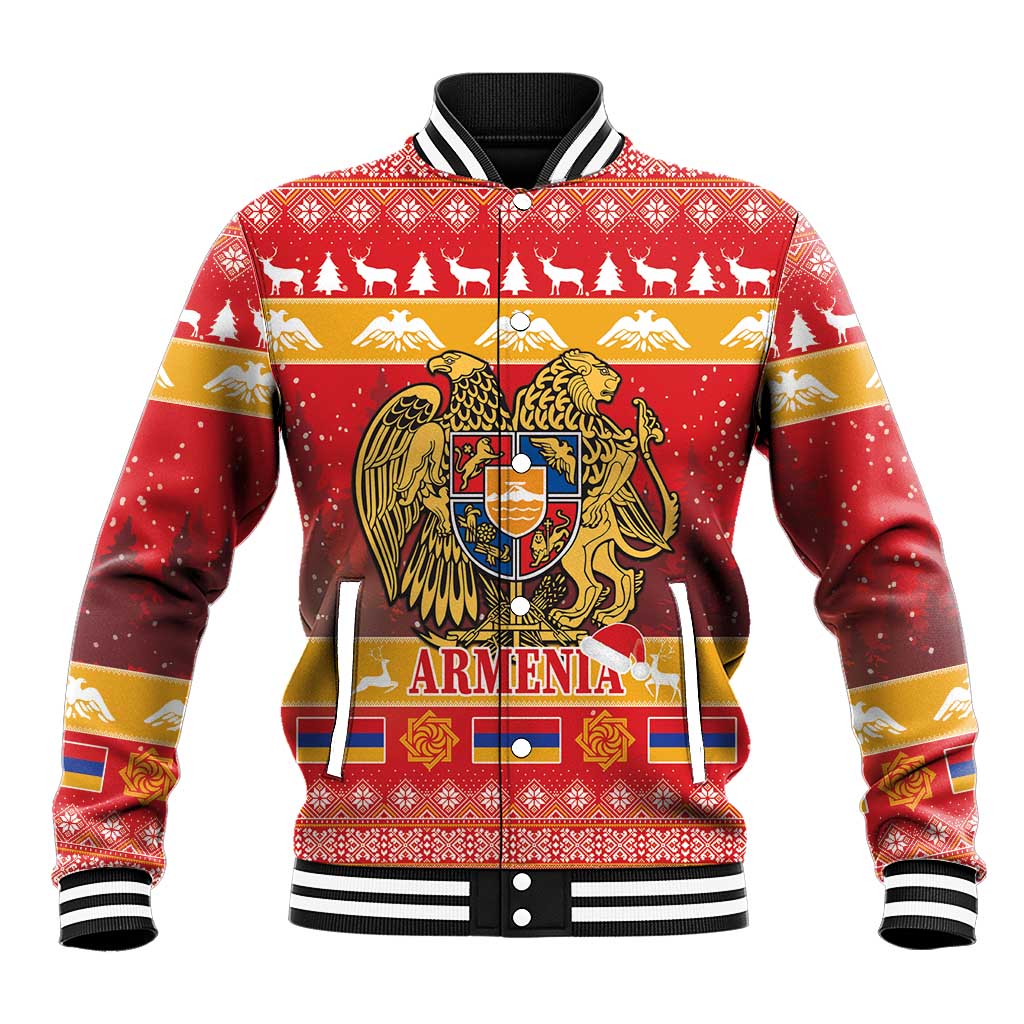 Red baseball jacket with Armenian coat-of-arms graphic, striped cuffs, ribbed collar