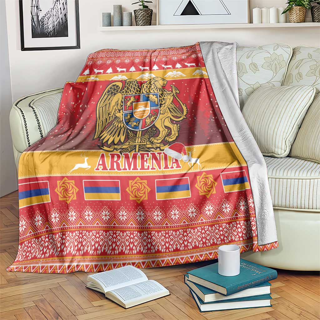 Red Armenia Christmas blanket with coat of arms, gold band, and festive border pattern