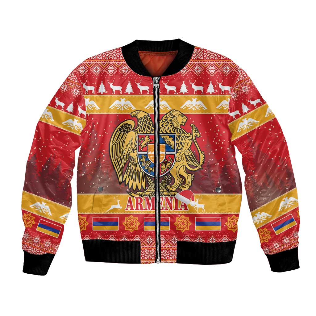 Red unisex bomber jacket with Armenia coat of arms front graphic and full zipper