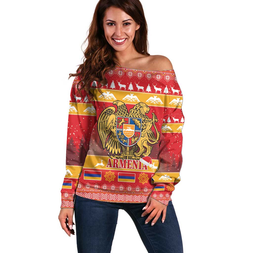 Armenia Christmas Off Shoulder Sweater Coat Of Arms With Arevakhach