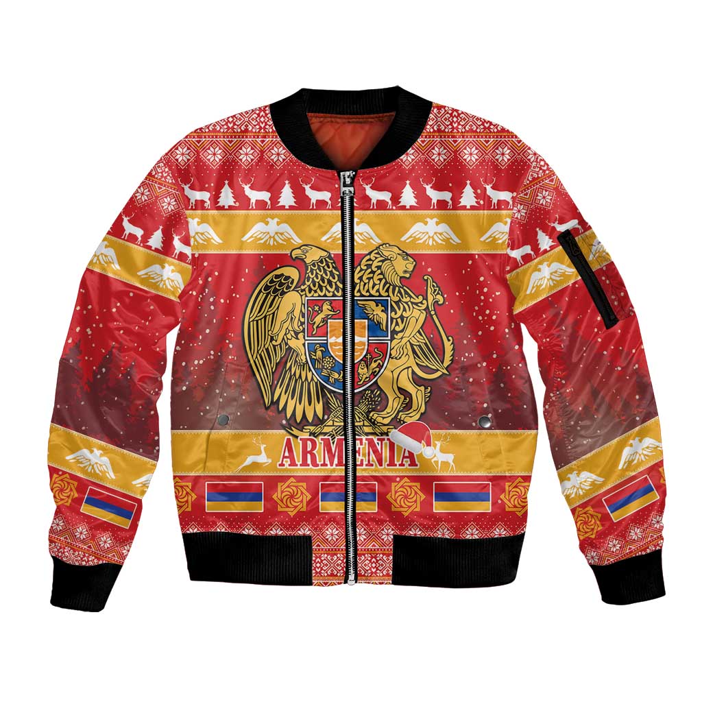 Armenia Christmas Sleeve Zip Bomber Jacket Coat Of Arms With Arevakhach - Wonder Print Shop