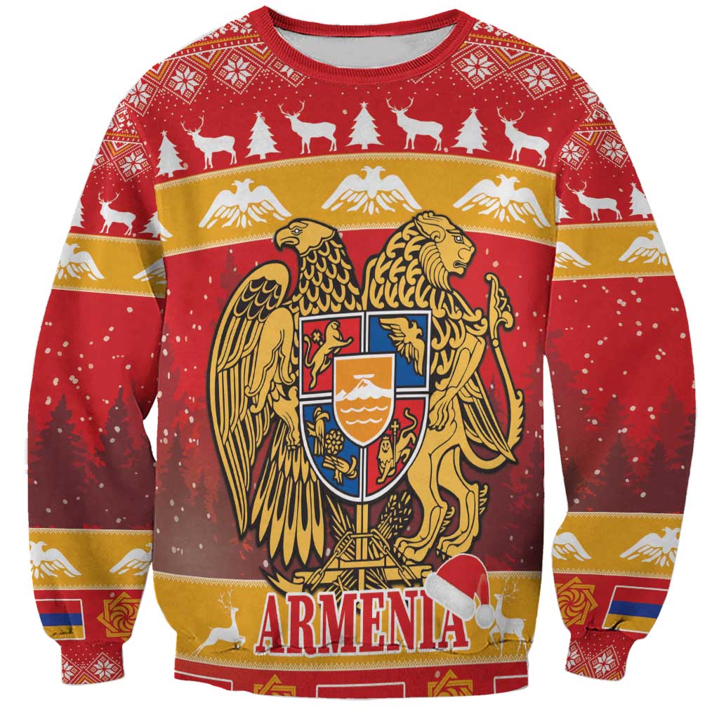 Red Christmas sweatshirt with Armenia crest graphic, crew neck, long sleeves