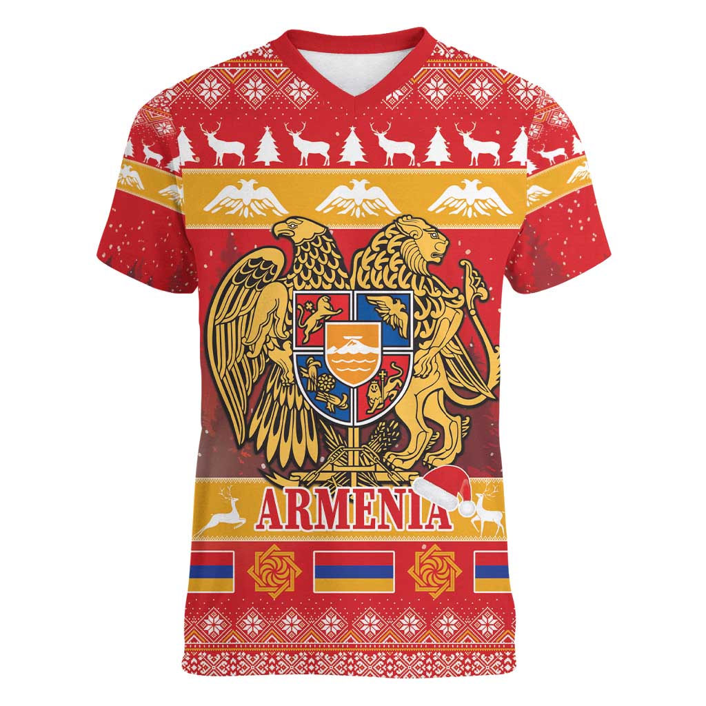 Armenia Christmas Women V-Neck T-Shirt Coat Of Arms With Arevakhach - Wonder Print Shop