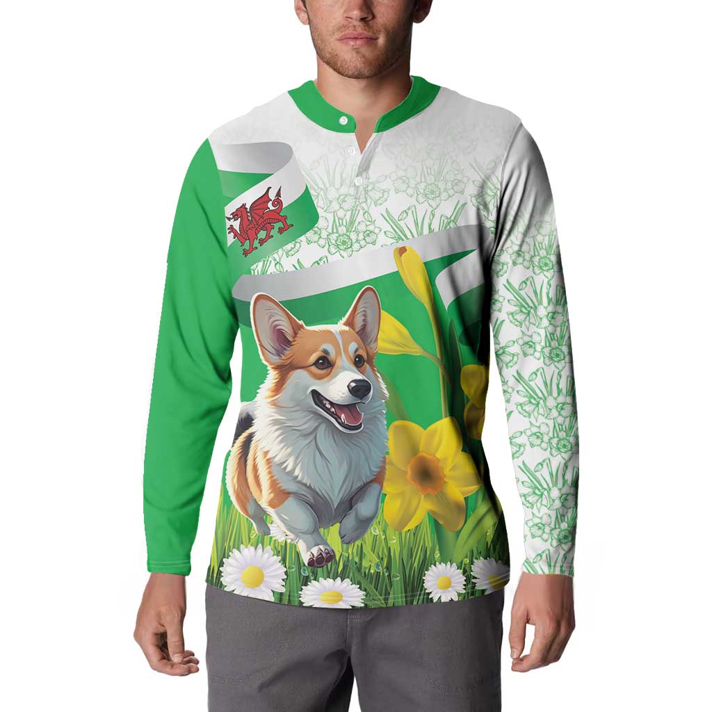 Wales Corgi Daffodil Button Sweatshirt Playful Welsh Dog - Wonder Print Shop