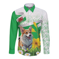 Wales Corgi Daffodil Long Sleeve Button Shirt Playful Welsh Dog - Wonder Print Shop
