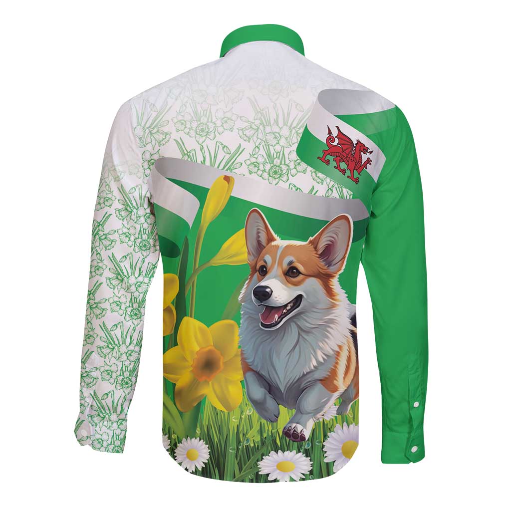 Wales Corgi Daffodil Long Sleeve Button Shirt Playful Welsh Dog - Wonder Print Shop
