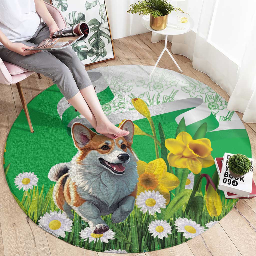Wales Corgi Daffodil Round Carpet Playful Welsh Dog - Wonder Print Shop