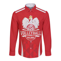 Red volleyball long-sleeve button shirt with white-striped trim and crest graphic