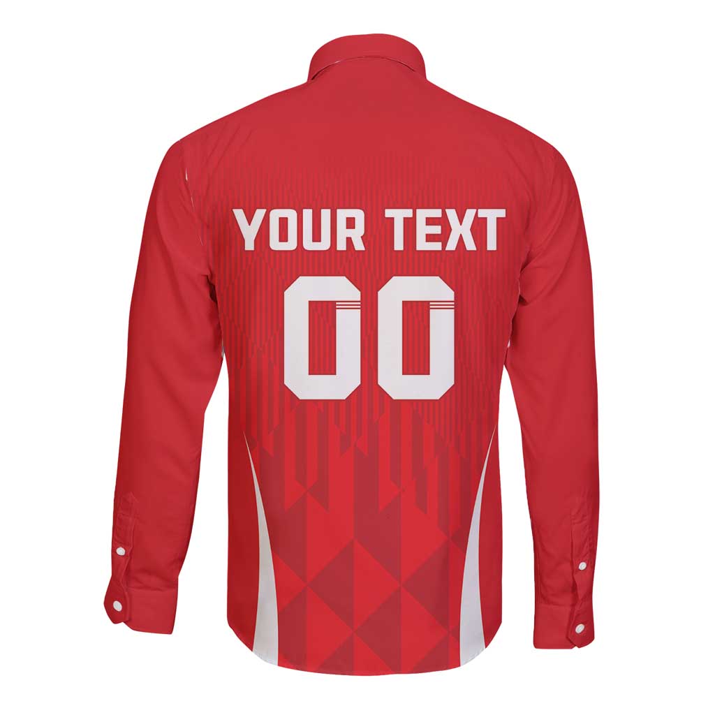 Red volleyball long-sleeve button shirt back with 'YOUR TEXT' and number '00'