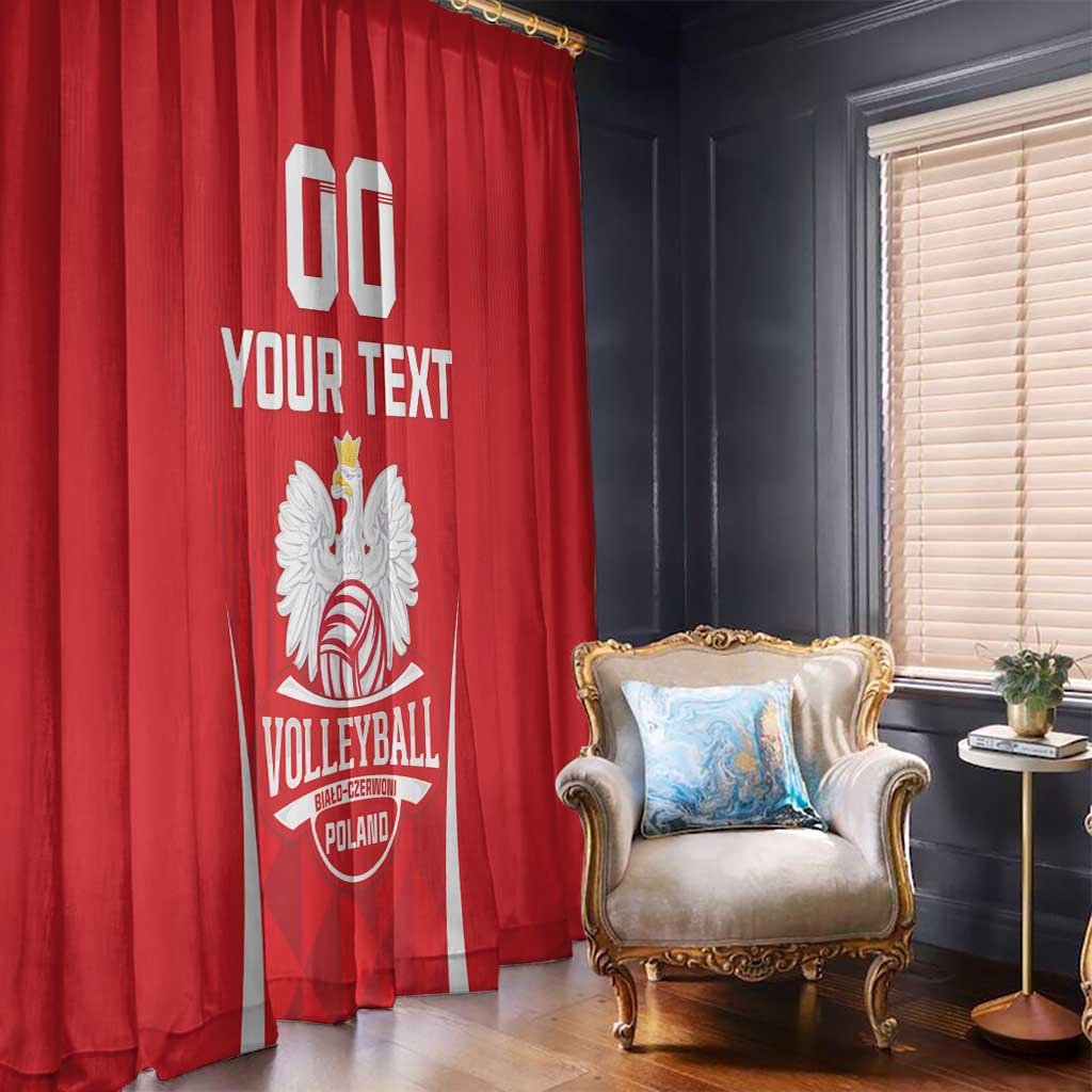 Red volleyball window curtain with white crest graphic and “YOUR TEXT” on center panel.