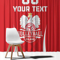 Red volleyball curtain close-up with white eagle crest and “YOUR TEXT” lettering.