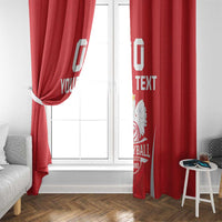 Red window curtain set with hanging panels and volleyball crest with “YOUR TEXT”.