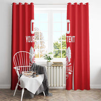 Red curtains on ring-top with volleyball crest and “YOUR TEXT” on the side panels.