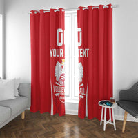 Red curtain panels with white volleyball crest and “YOUR TEXT” in the middle.