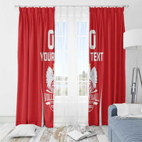 Red volleyball window curtains with white crest, “YOUR TEXT,” and gathered top header.