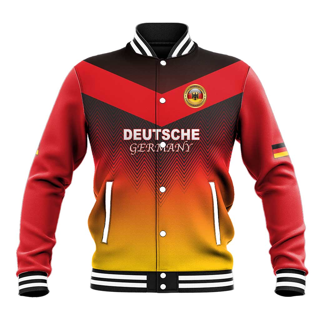 Red varsity baseball jacket with stand collar, button front, Germany crest and chevron print