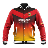 Red varsity baseball jacket with stand collar, button front, Germany crest and chevron print