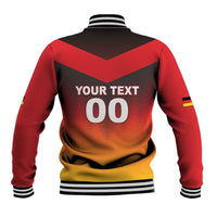 Back view red varsity jacket with stand collar, 'YOUR TEXT' and number '00' chevron graphic