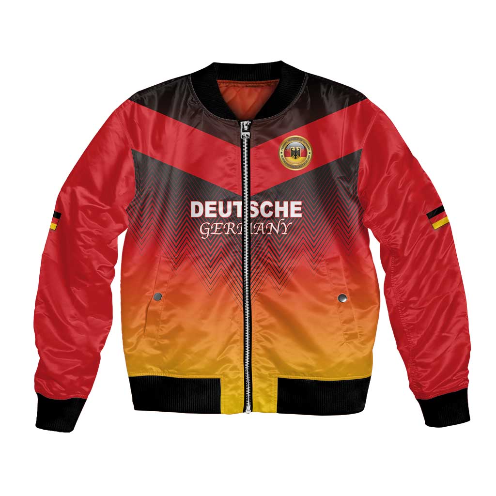 Red and yellow Germany flag bomber jacket with front zipper and crest