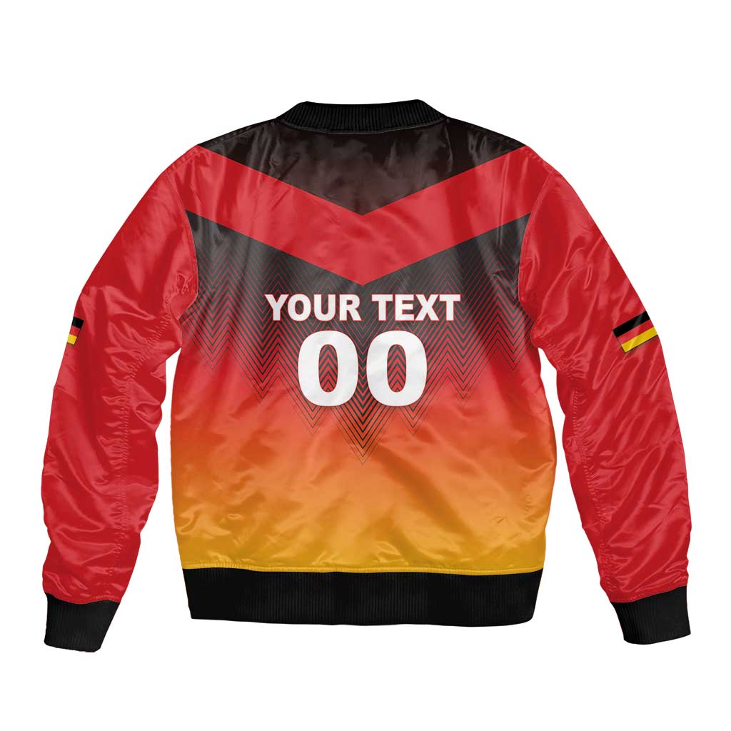 Red and yellow bomber jacket back with 'YOUR TEXT' and number 00