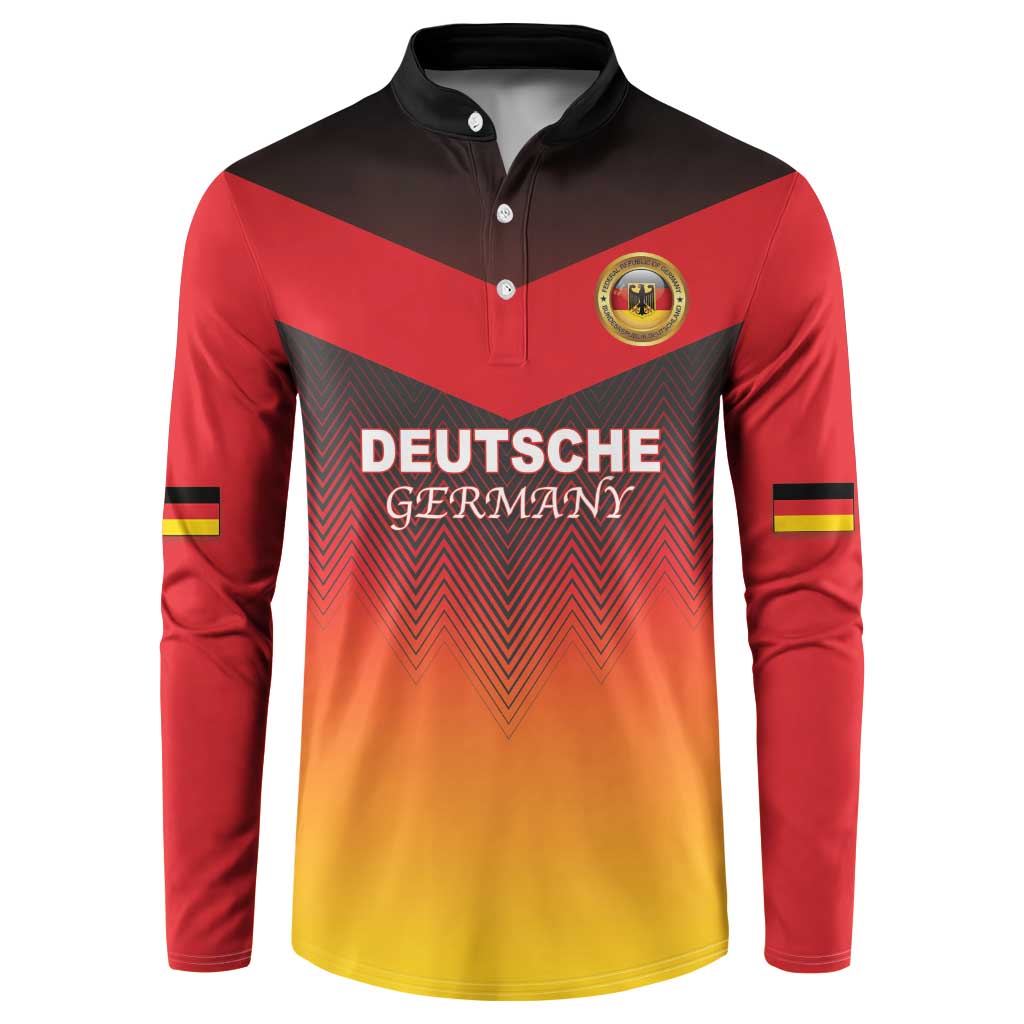 Red and gold gradient button sweatshirt with black collar, crest logo, and flag sleeve stripes