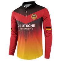 Red and gold gradient button sweatshirt with crest logo, black yoke, and flag sleeve stripes