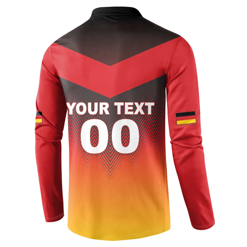 Red and gold gradient button sweatshirt with black yoke, back text design, and flag sleeve stripes