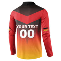 Red and gold gradient button sweatshirt with black yoke, back text design, and flag sleeve stripes