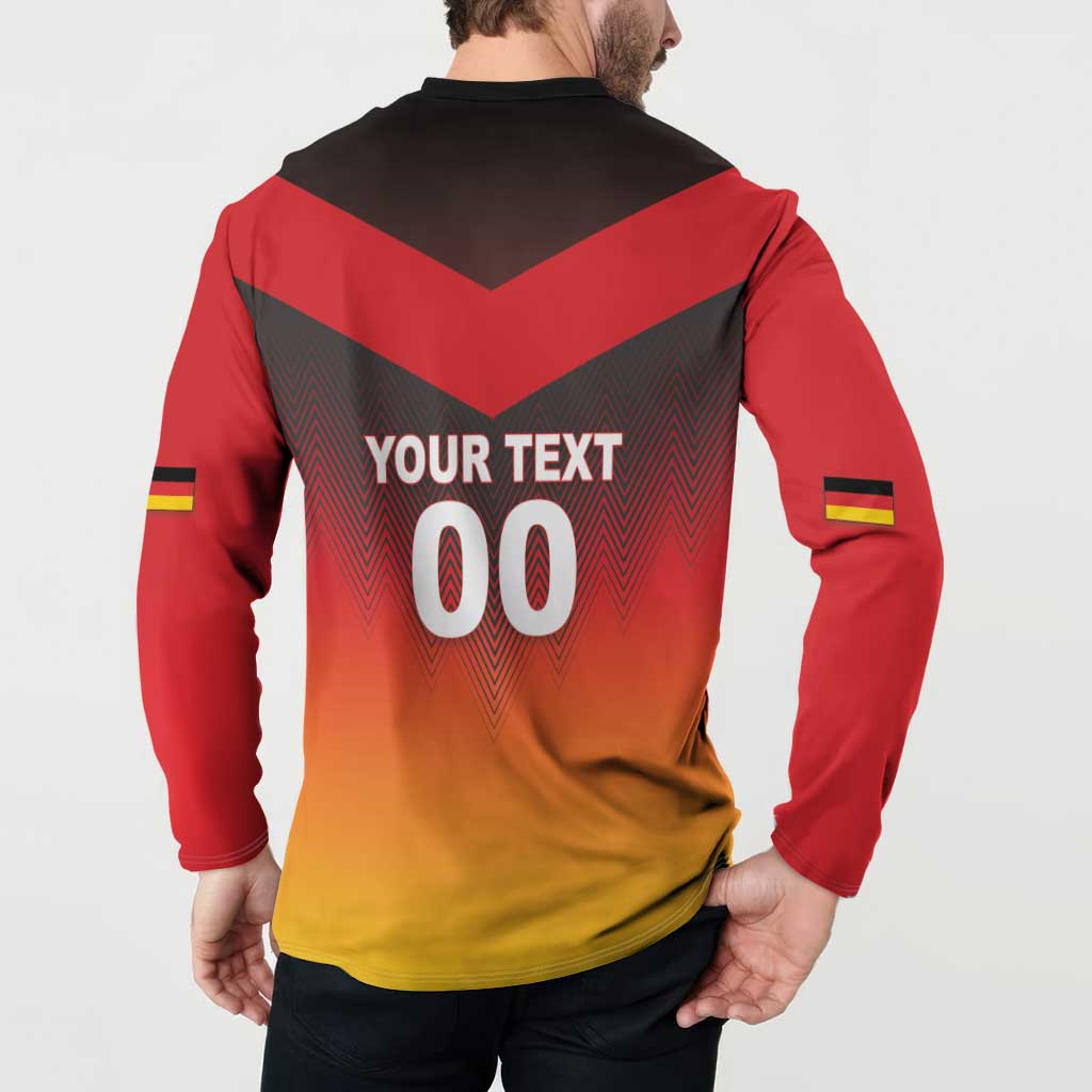 Red and gold gradient button sweatshirt with back 'YOUR TEXT' design and flag sleeve stripes