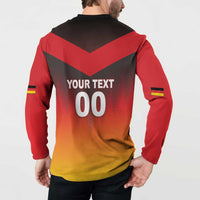 Red and gold gradient button sweatshirt with back 'YOUR TEXT' design and flag sleeve stripes